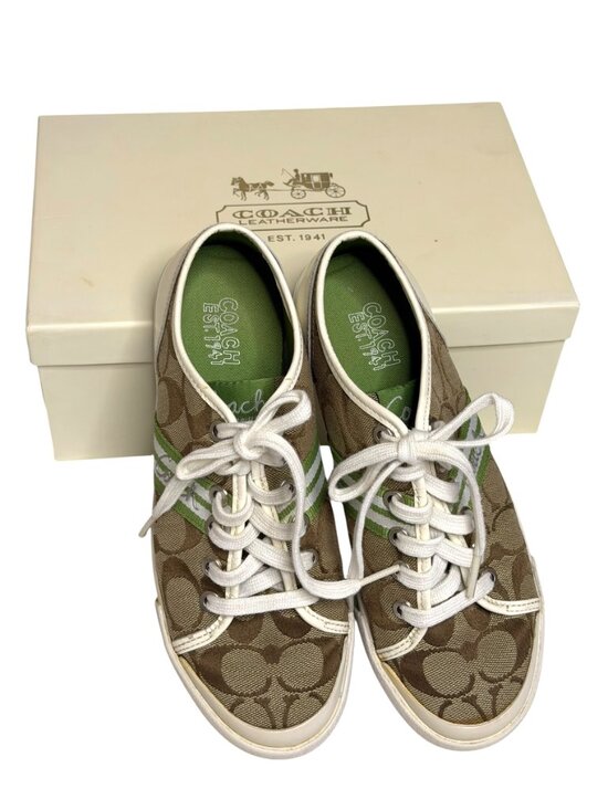 Coach Shoes - Coach Folly Signature Womens Sneakers Canvas Logo Tan Grass White 6